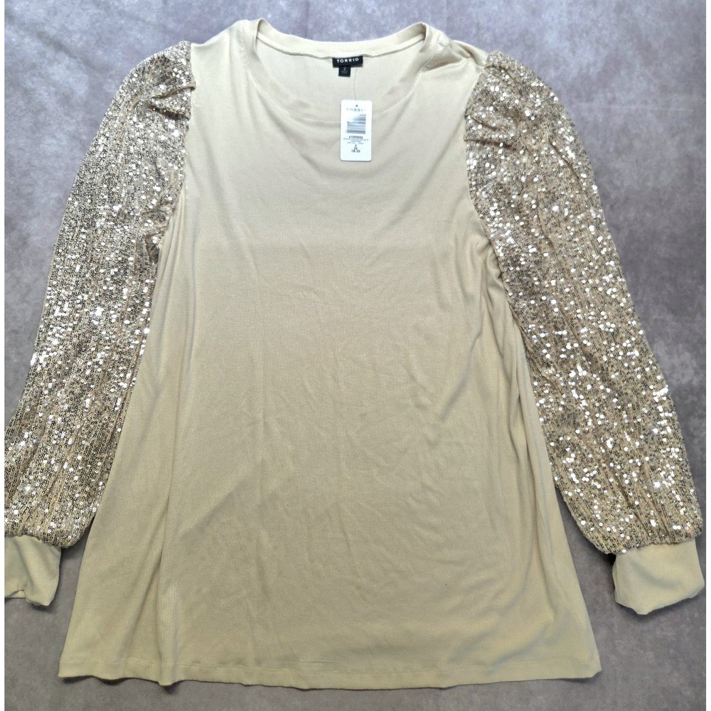 NWT Torrid Plus Size 2X Gold Sequin Ribbed Crew Neck Cream Holiday Party NYE